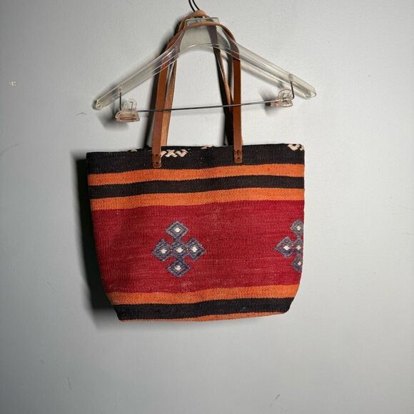 Woven Kilim rug tapestry tote bag leather straps Turkish western Aztec medium si - Picture 1 of 15